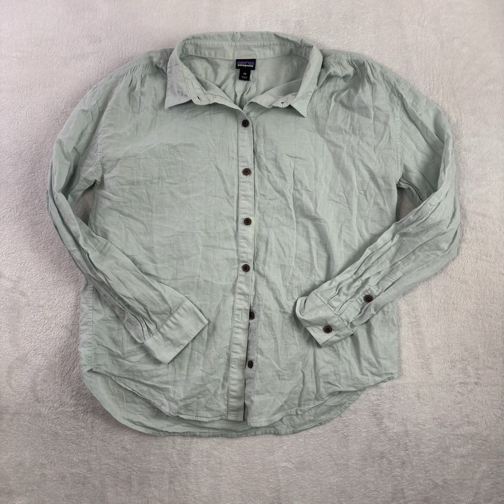 Patagonia Organic Cotton Hemp Blue Long Sleeve Button Up Shirt Women's XS Stains